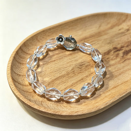 High Clarity Clear Quartz Irregular Cut Beaded Bracelet | 925 Silver Charm