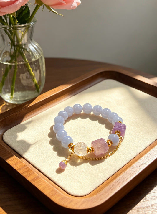 Lavender Chalcedony & Amethyst Sugar Cube Bracelet | 14K Gold Filled Dainty Crystal Beaded Bracelet