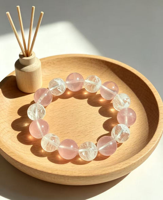 Natural Snowflake White Phantom & Rose Quartz Beaded Bracelet
